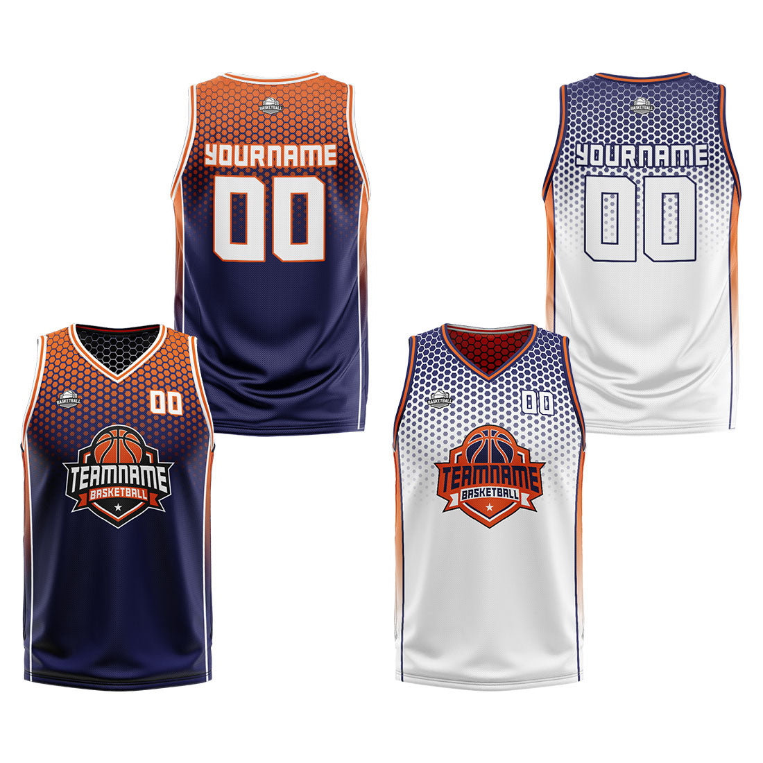 Traje de baloncesto reversible personalizado azul marino-naranja y blanco para adultos y niños