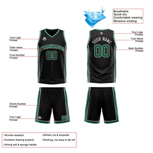 Traje de baloncesto reversible negro y verde personalizado para adultos y niños