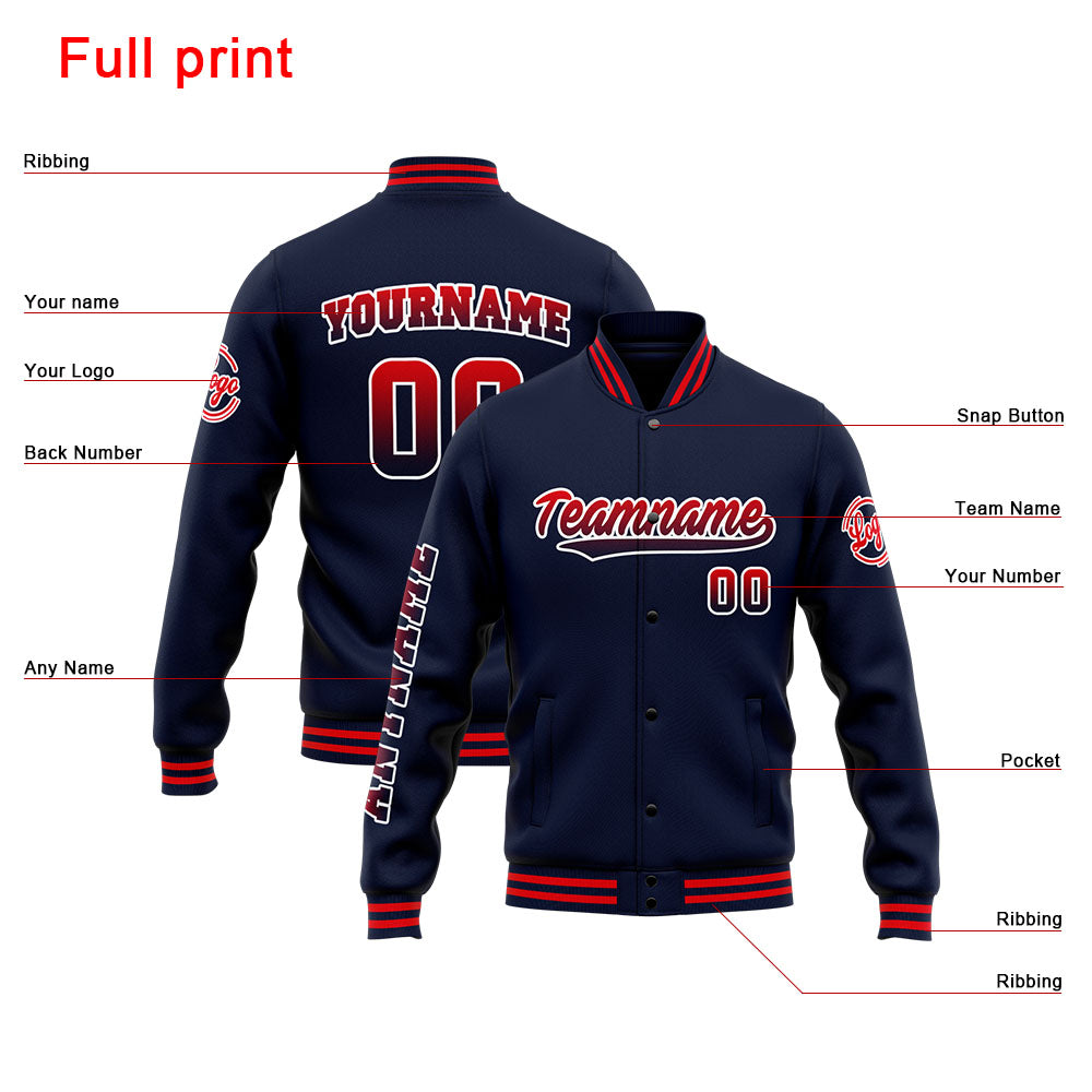 Chaqueta universitaria personalizada estilo Letterman para hombres-mujeres y jóvenes-color azul marino y rojo