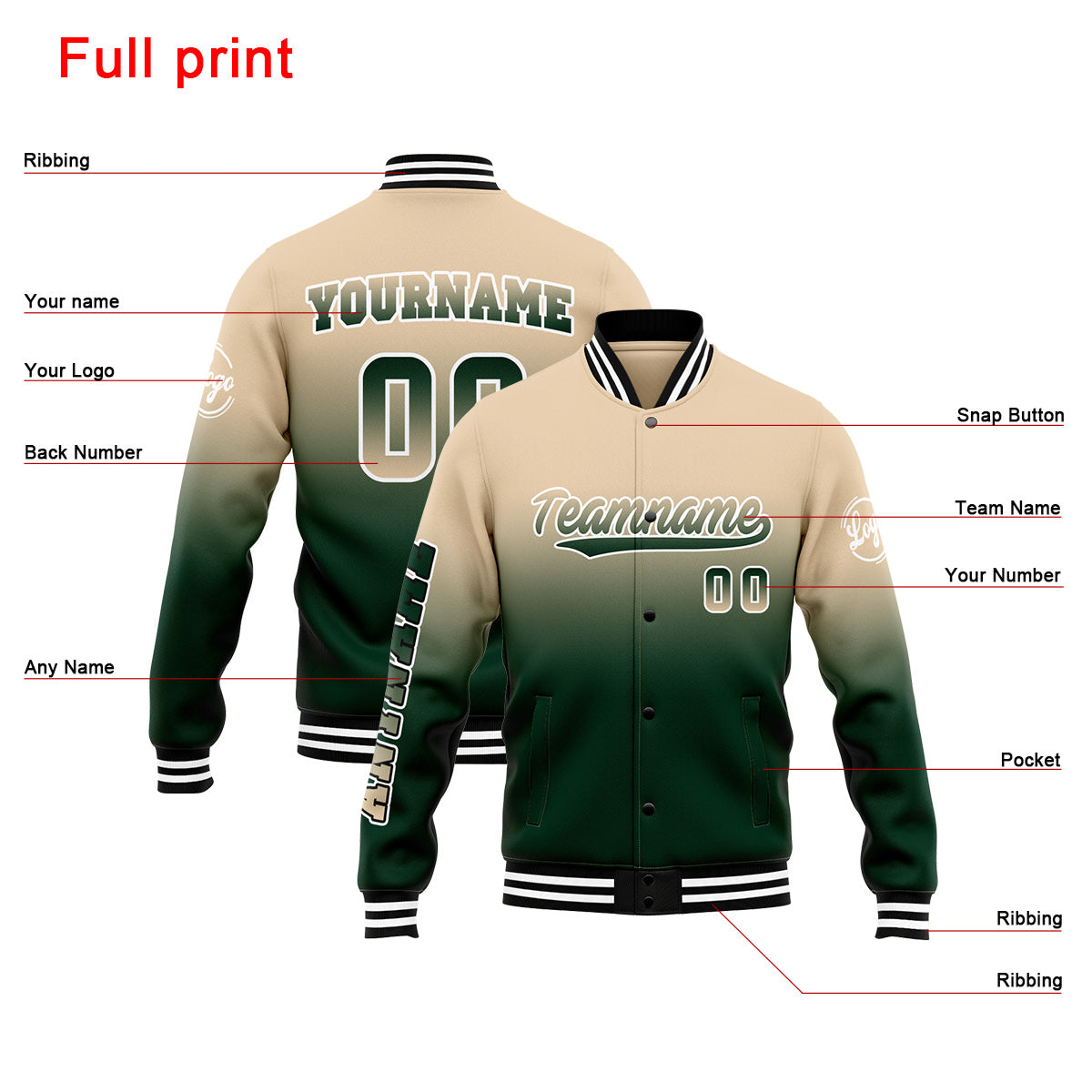 Chaqueta universitaria personalizada estilo Letterman para hombres-mujeres y jóvenes-color caqui y verde oscuro