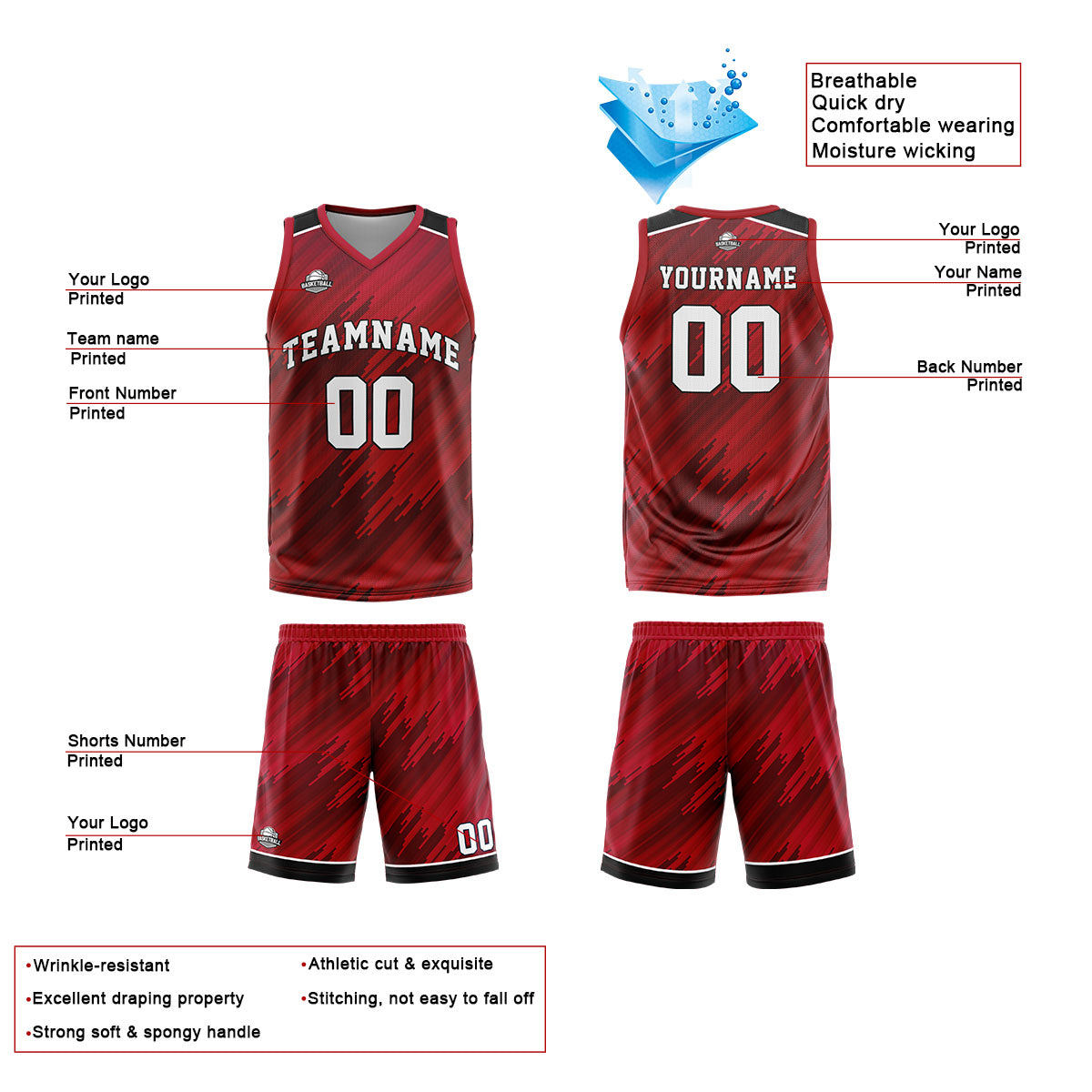 Uniforme de baloncesto rojo tipo rayas personalizado con su logotipo-nombre y número impresos