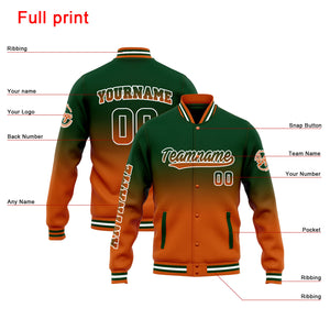 Chaqueta universitaria personalizada estilo Letterman para hombres-mujeres y jóvenes-color verde oscuro degradado naranja
