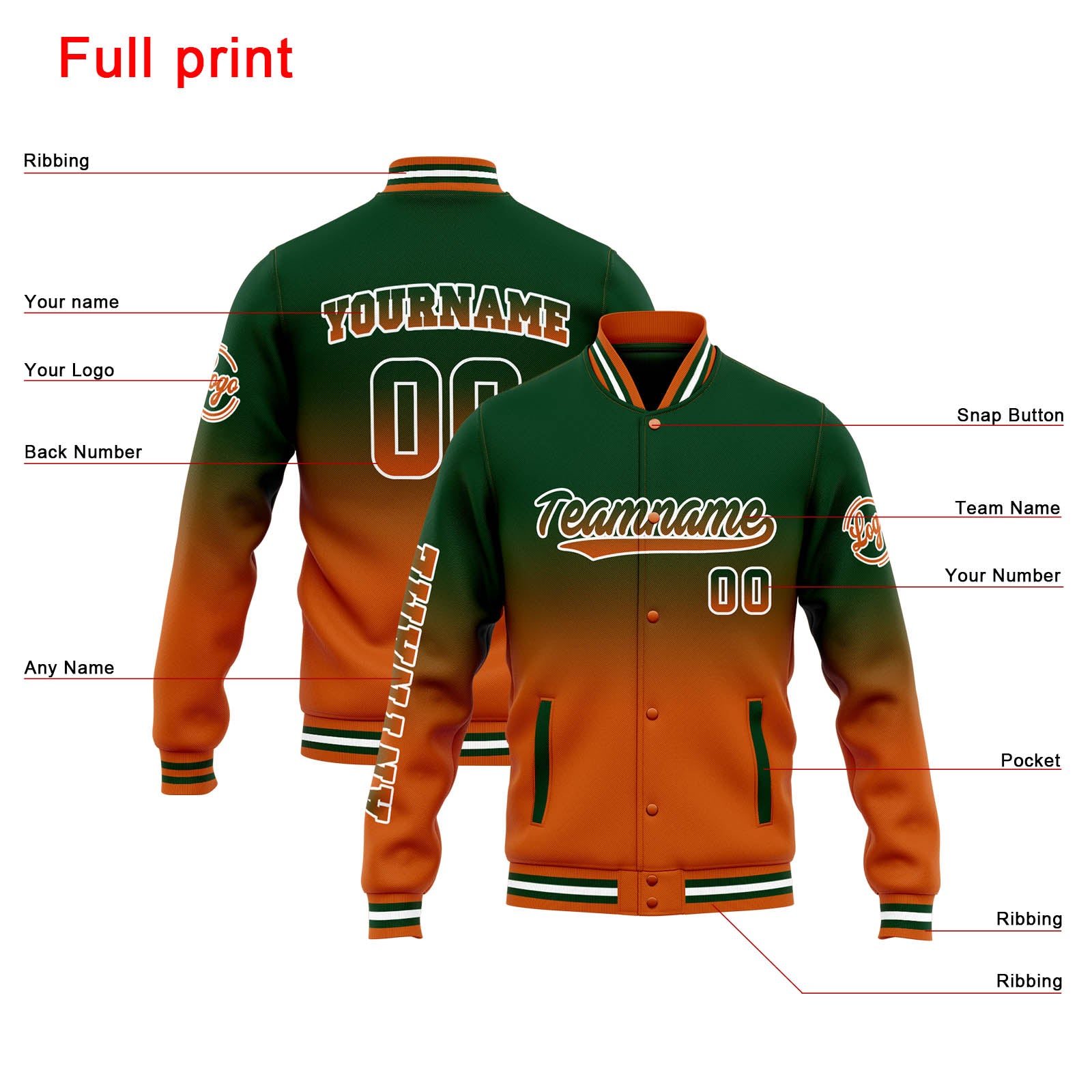 Chaqueta universitaria personalizada estilo Letterman para hombres-mujeres y jóvenes-color verde oscuro degradado naranja