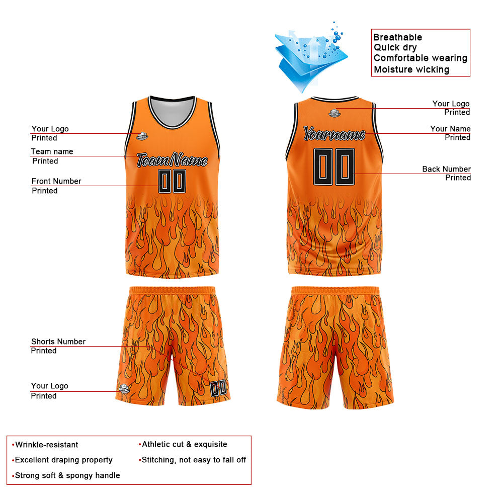 Uniforme de baloncesto personalizado con diseño de llama naranja-impreso con tu logotipo-nombre y número
