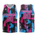 Uniforme de baloncesto rosa y azul claro con diseño geométrico personalizado-estampado con tu logotipo-nombre y número