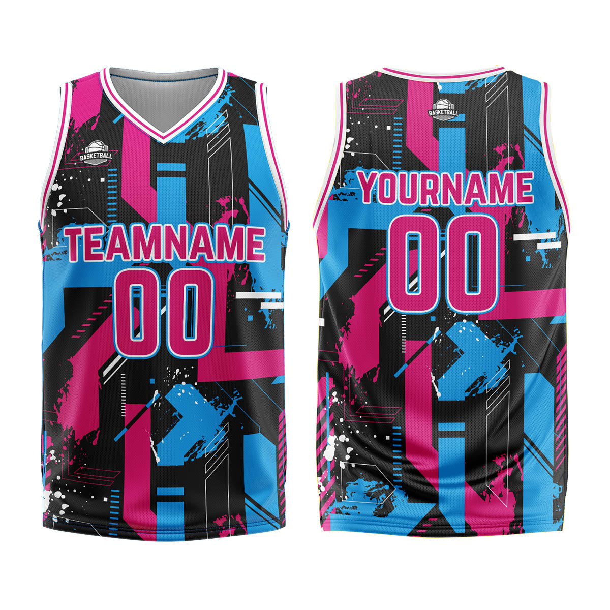 Uniforme de baloncesto rosa y azul claro con diseño geométrico personalizado-estampado con tu logotipo-nombre y número