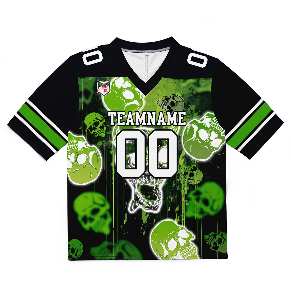 Camiseta de fútbol personalizada con nombre y número del equipo impresos y bordados-estilo grafiti con calavera verde