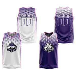 Traje de baloncesto reversible personalizado blanco-morado y rosa para adultos y niños