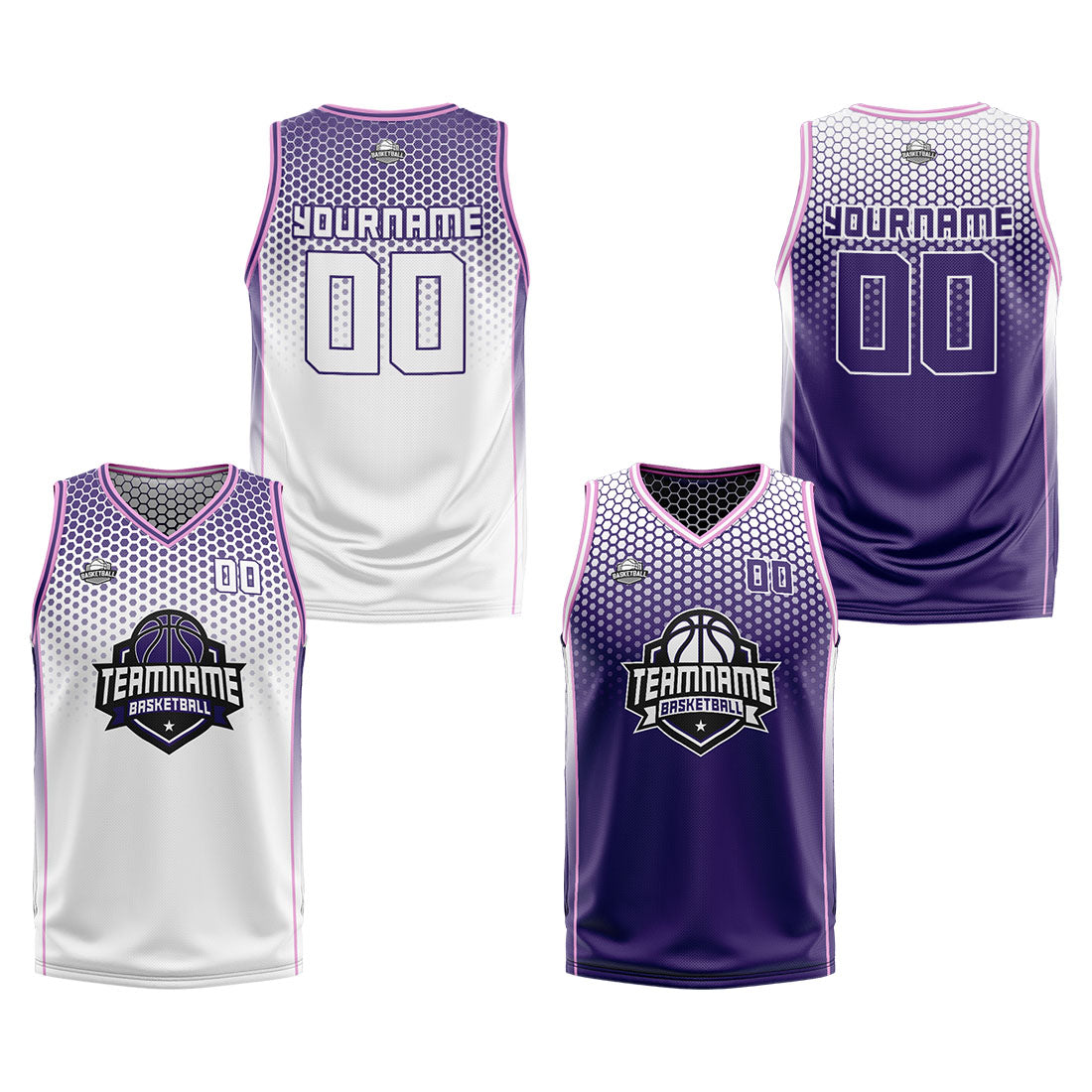 Traje de baloncesto reversible personalizado blanco-morado y rosa para adultos y niños