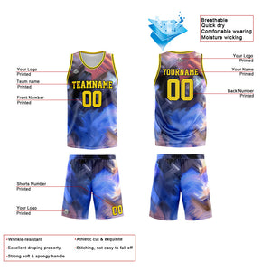 Uniforme de baloncesto personalizado amarillo y azul con tu logotipo-nombre y número impresos