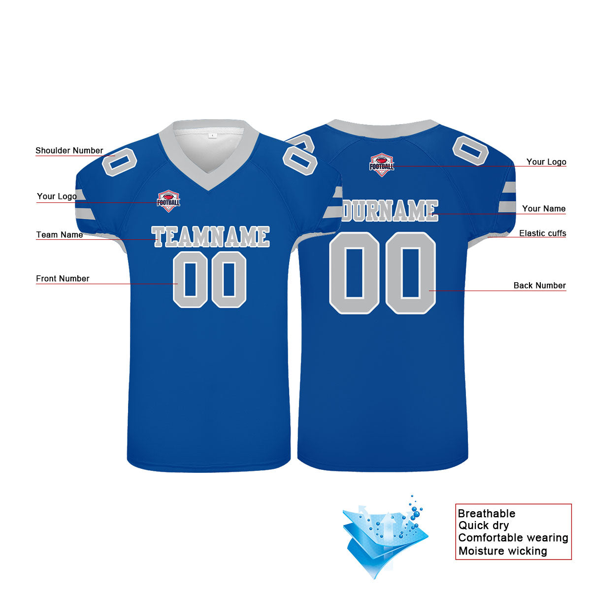 Camiseta de fútbol personalizada con nombre y número del equipo impresos en azul
