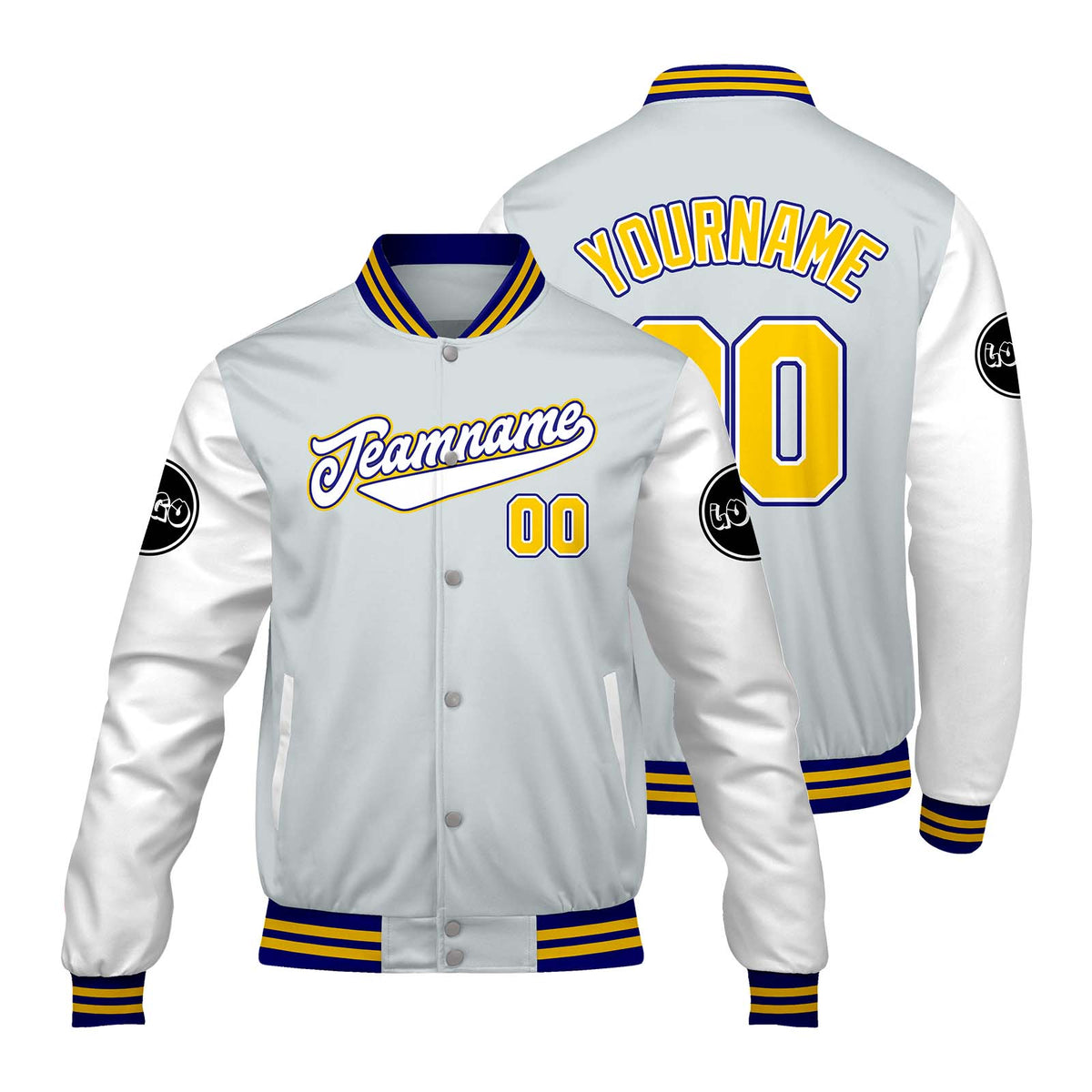 Chaquetas universitarias personalizadas en gris claro y blanco para hombres & mujeres y jóvenes & Chaquetas Letterman personalizadas