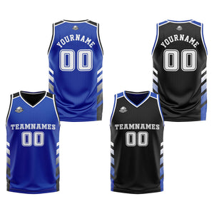 Traje de baloncesto reversible azul-negro y blanco personalizado para adultos y niños