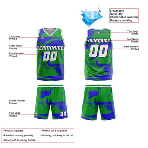 Uniforme de baloncesto personalizado verde y azul con tu logotipo-nombre y número impresos