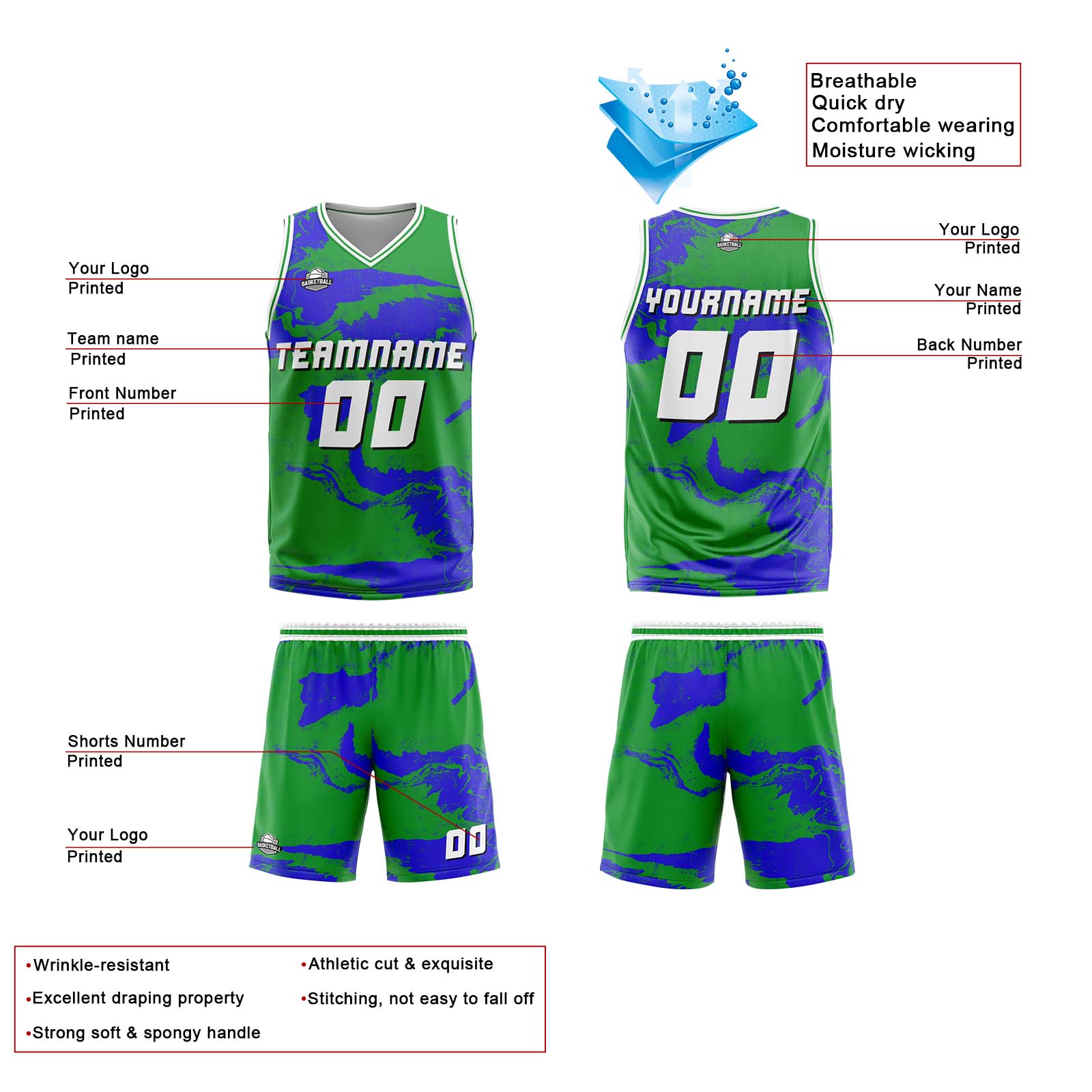 Uniforme de baloncesto personalizado verde y azul con tu logotipo-nombre y número impresos