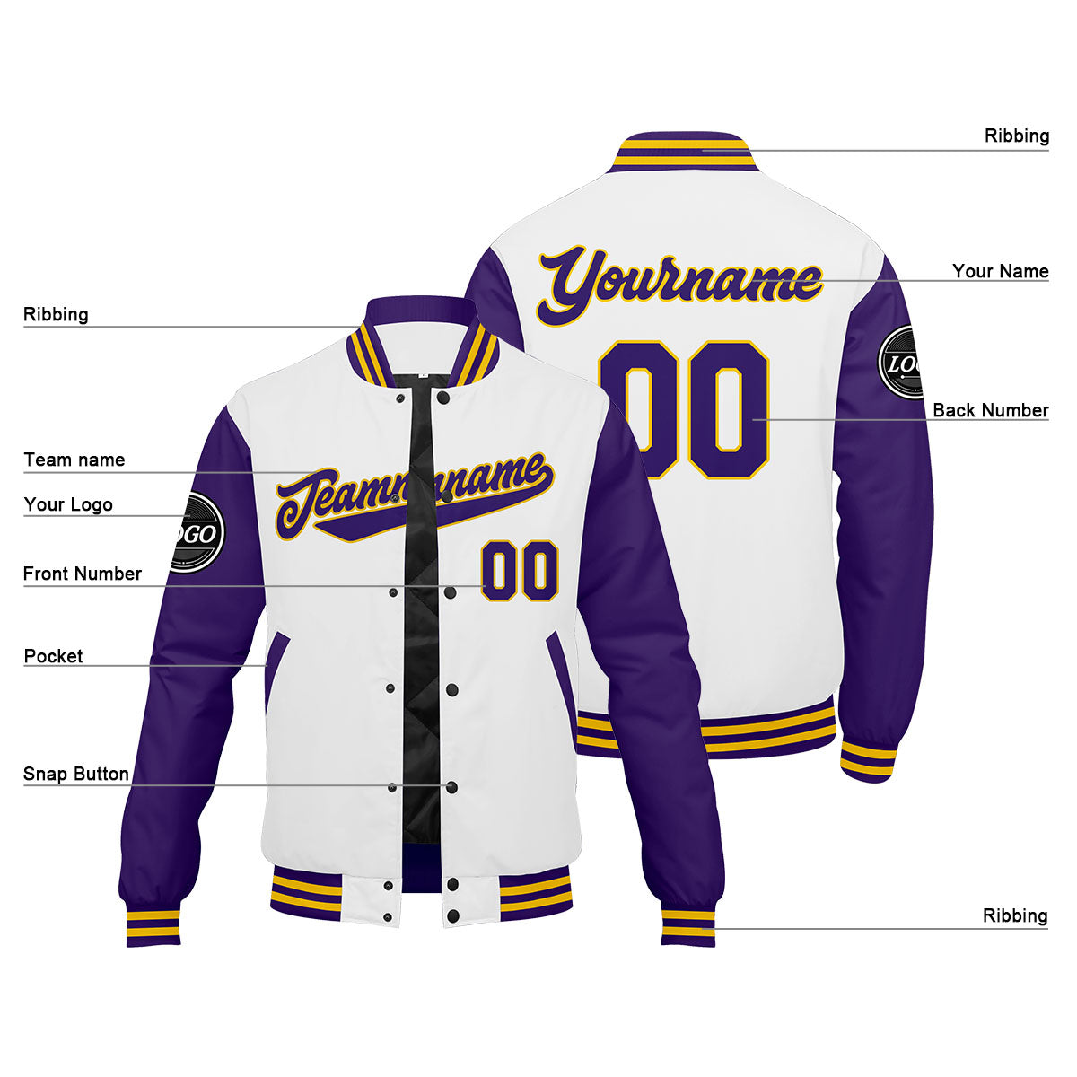 Chaqueta universitaria personalizada estilo Letterman para hombres-mujeres y jóvenes-color morado-blanco y amarillo