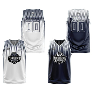 Traje de baloncesto reversible personalizado en blanco-azul marino y gris para adultos y niños