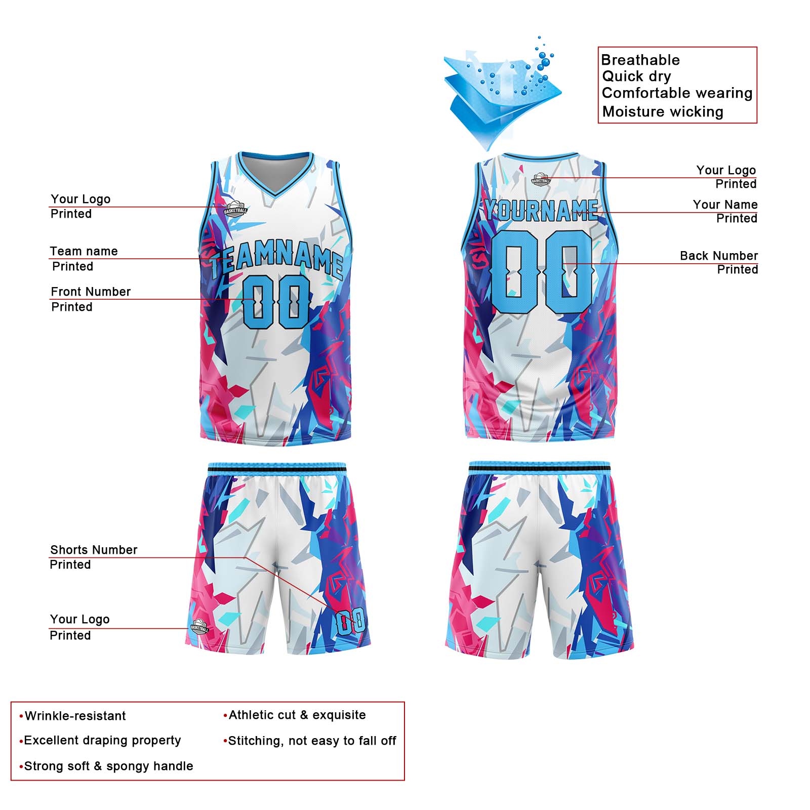 Uniforme de baloncesto personalizado en azul claro roto con tu logotipo-nombre y número impresos