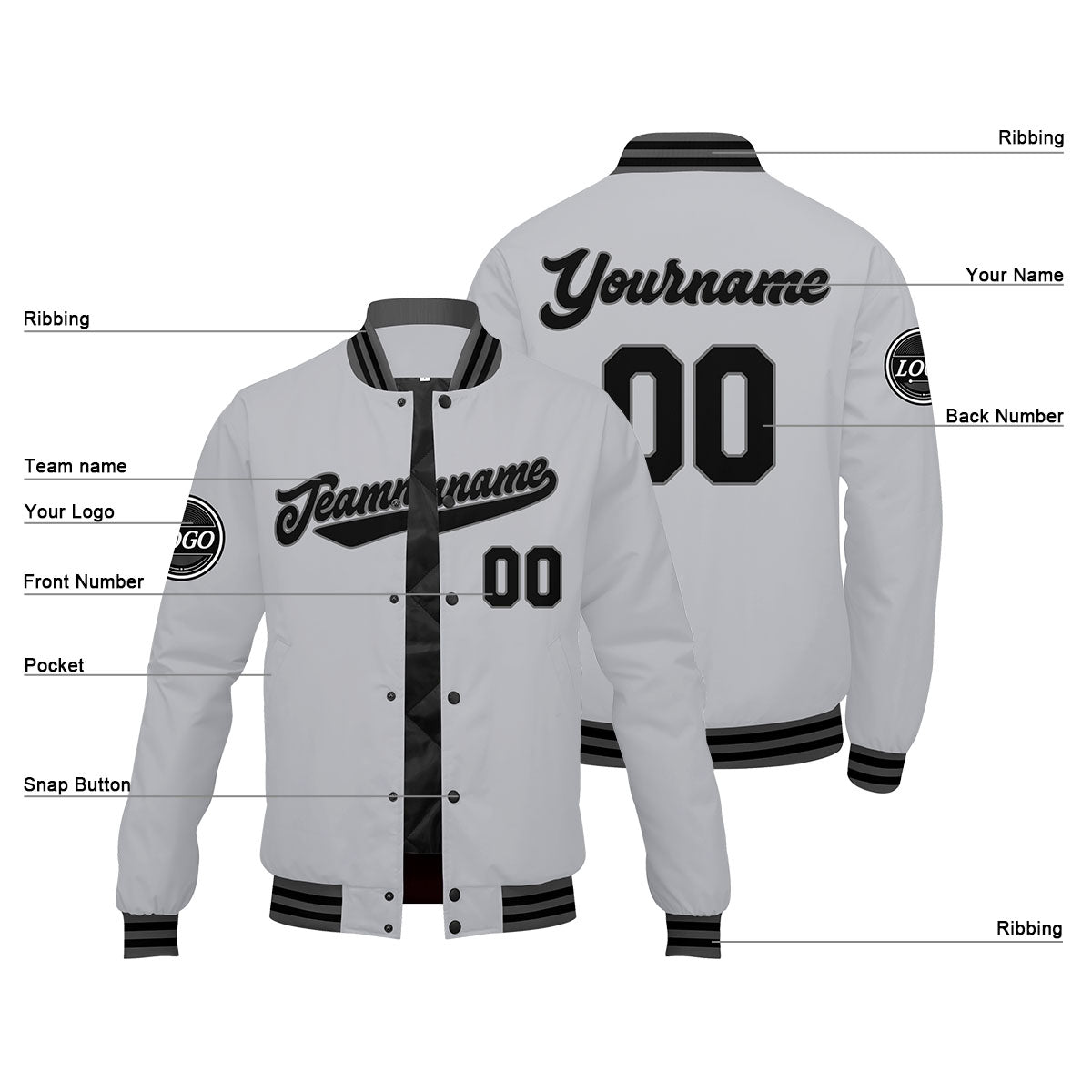 Chaqueta universitaria personalizada estilo Letterman para hombres-mujeres y jóvenes-color gris y negro