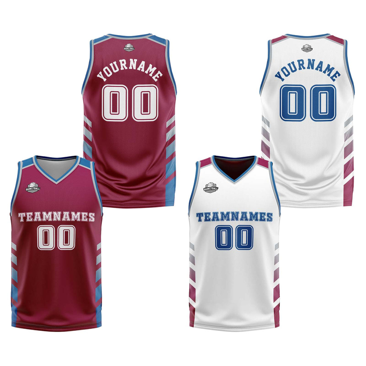 Traje de baloncesto reversible personalizado en burdeos-blanco y azul para adultos y niños