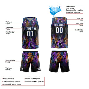 Uniforme de baloncesto personalizado en negro y azul con tu logotipo-nombre y número impresos