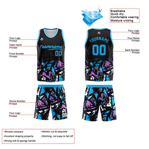 Uniforme de baloncesto personalizado en negro y azul claro con tu logotipo-nombre y número impresos