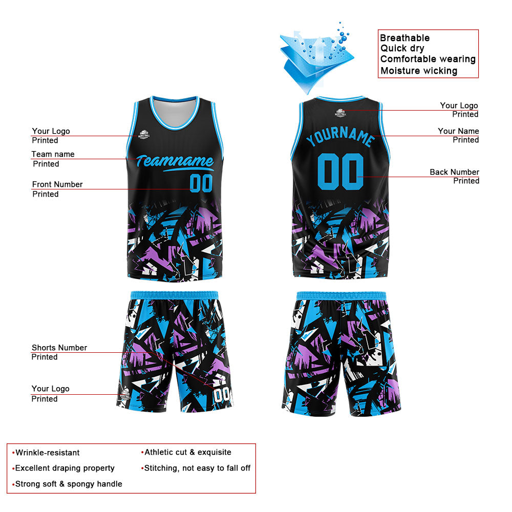 Uniforme de baloncesto personalizado en negro y azul claro con tu logotipo-nombre y número impresos