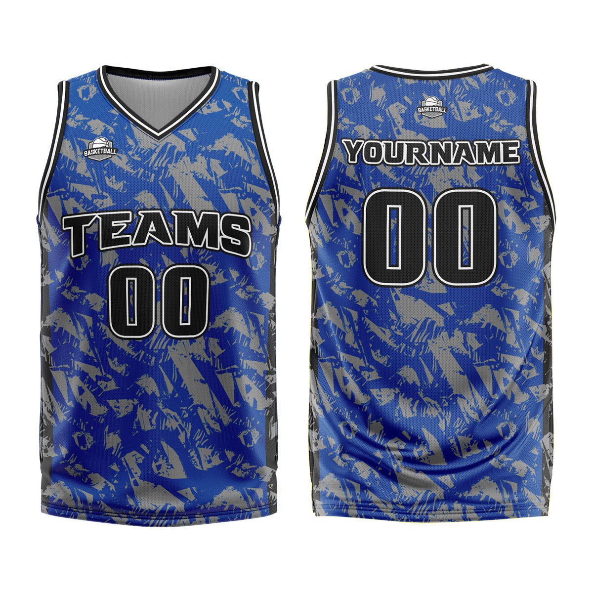 Uniforme de baloncesto personalizado en gris real roto con tu logotipo-nombre y número impresos