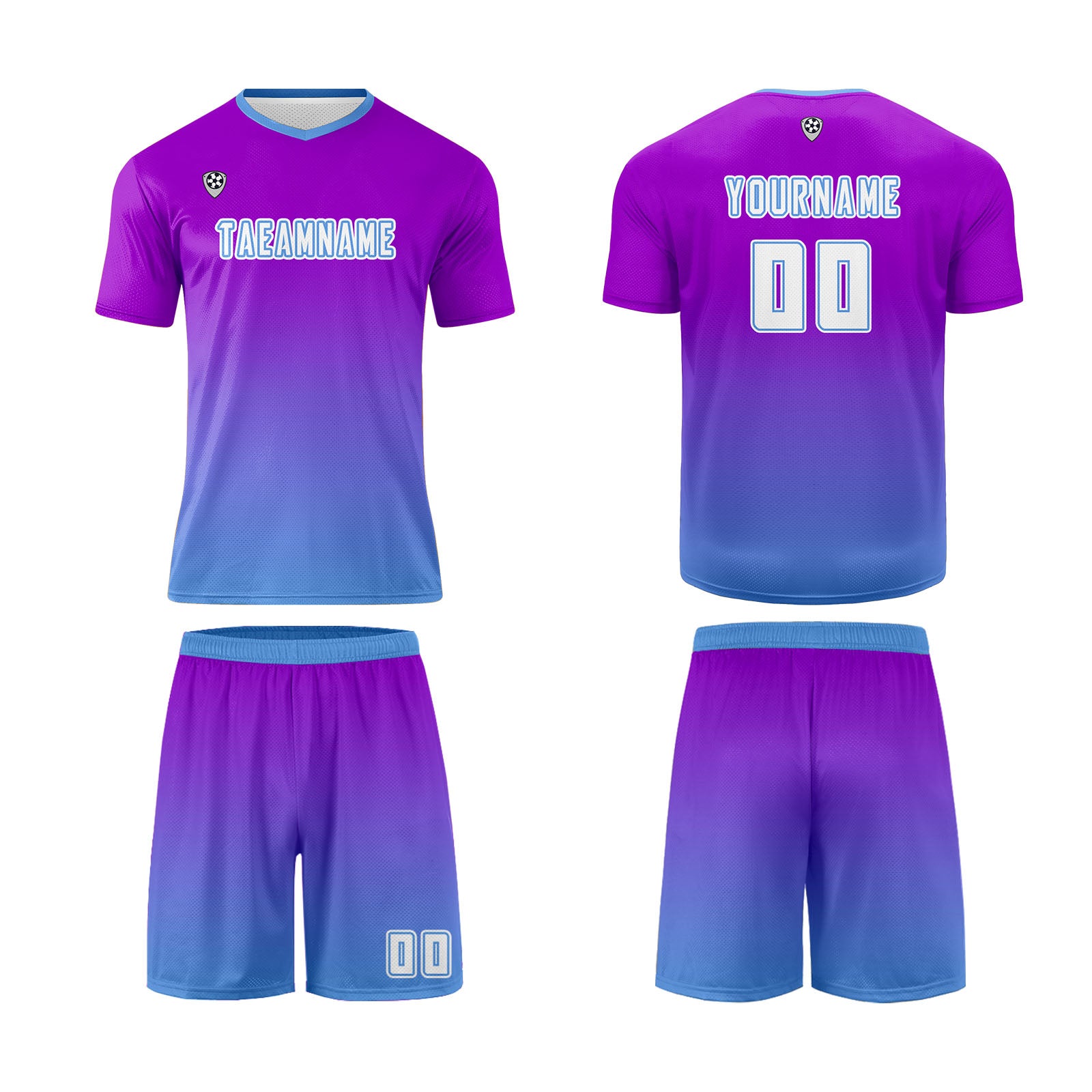 Conjunto personalizado de camiseta de uniforme morado y azul para niños y adultos