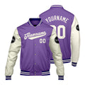 Chaquetas universitarias personalizadas en color morado & crema y blanco para hombres & mujeres y jóvenes & Chaquetas Letterman personalizadas