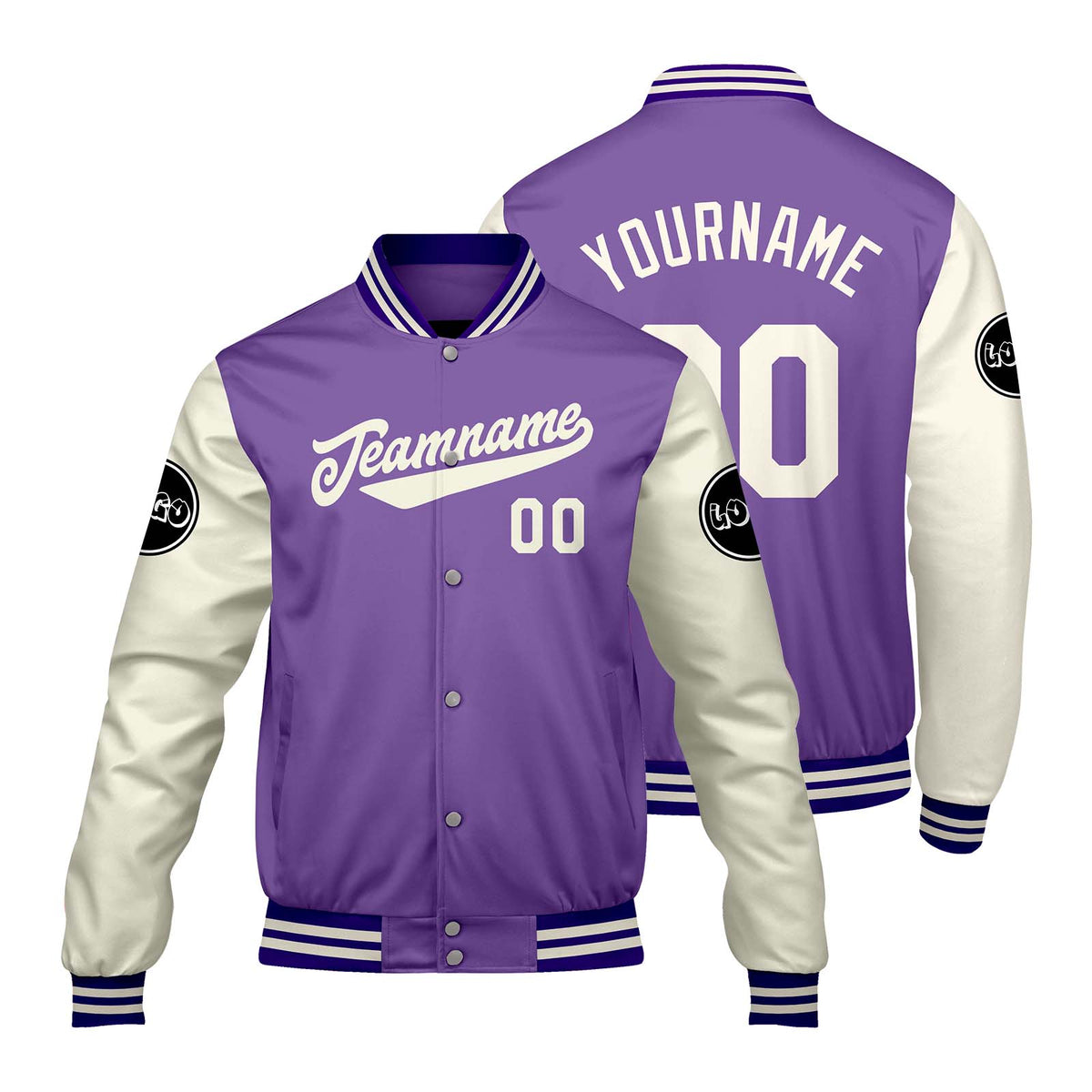 Chaquetas universitarias personalizadas en color morado & crema y blanco para hombres & mujeres y jóvenes & Chaquetas Letterman personalizadas