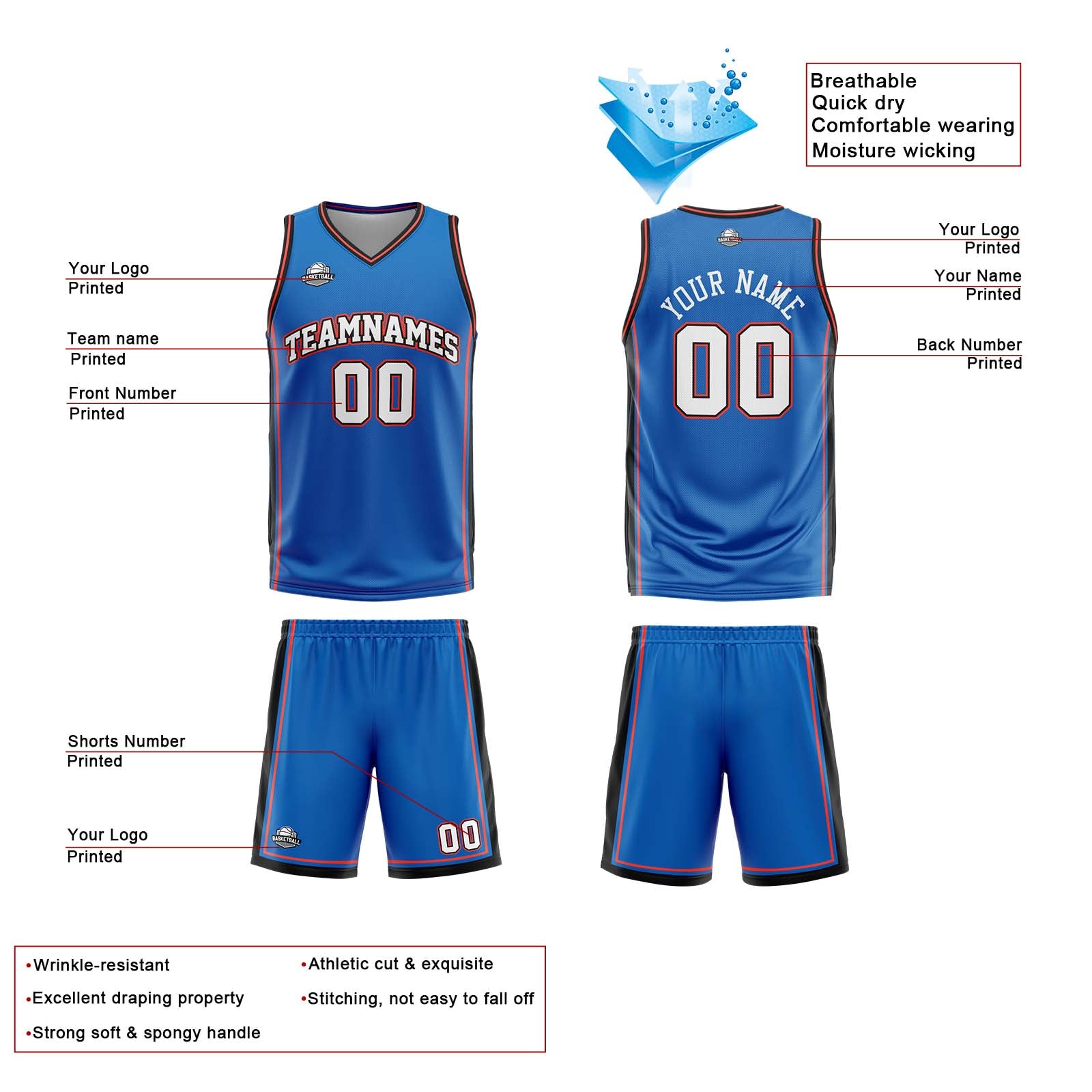 Traje de baloncesto reversible azul-blanco y naranja personalizado para adultos y niños