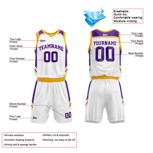 Uniforme de baloncesto personalizado blanco-morado y amarillo con tu logotipo-nombre y número impresos