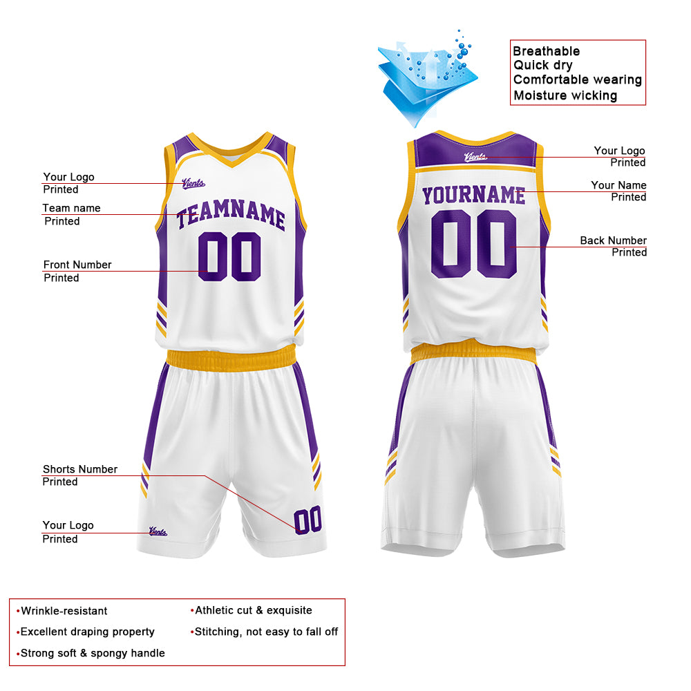 Uniforme de baloncesto personalizado blanco-morado y amarillo con tu logotipo-nombre y número impresos