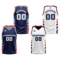 Traje de baloncesto reversible personalizado azul marino-blanco y rojo para adultos y niños