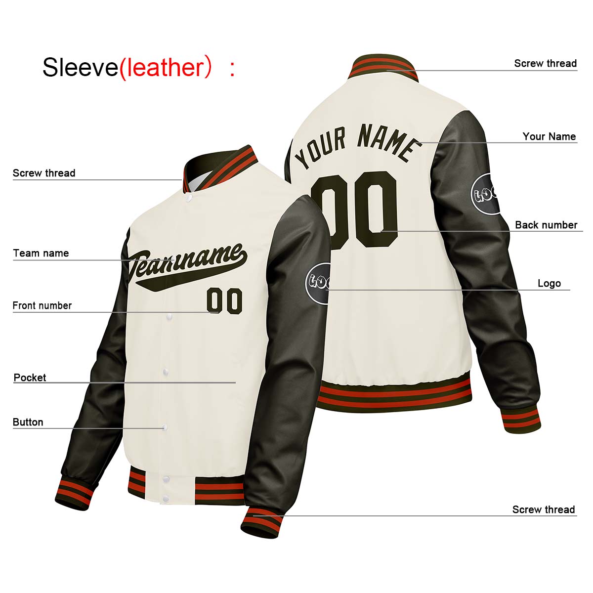 Chaquetas universitarias personalizadas en color crema & blanco y verde para hombres & mujeres y jóvenes & Chaquetas Letterman personalizadas