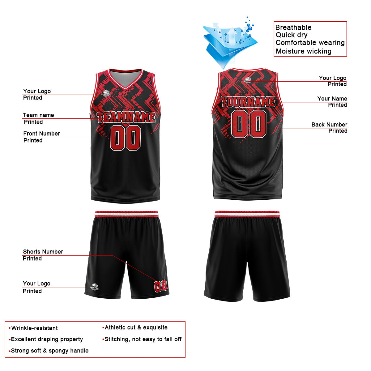 Uniforme de baloncesto personalizado en negro y rojo con tu logotipo-nombre y número impresos
