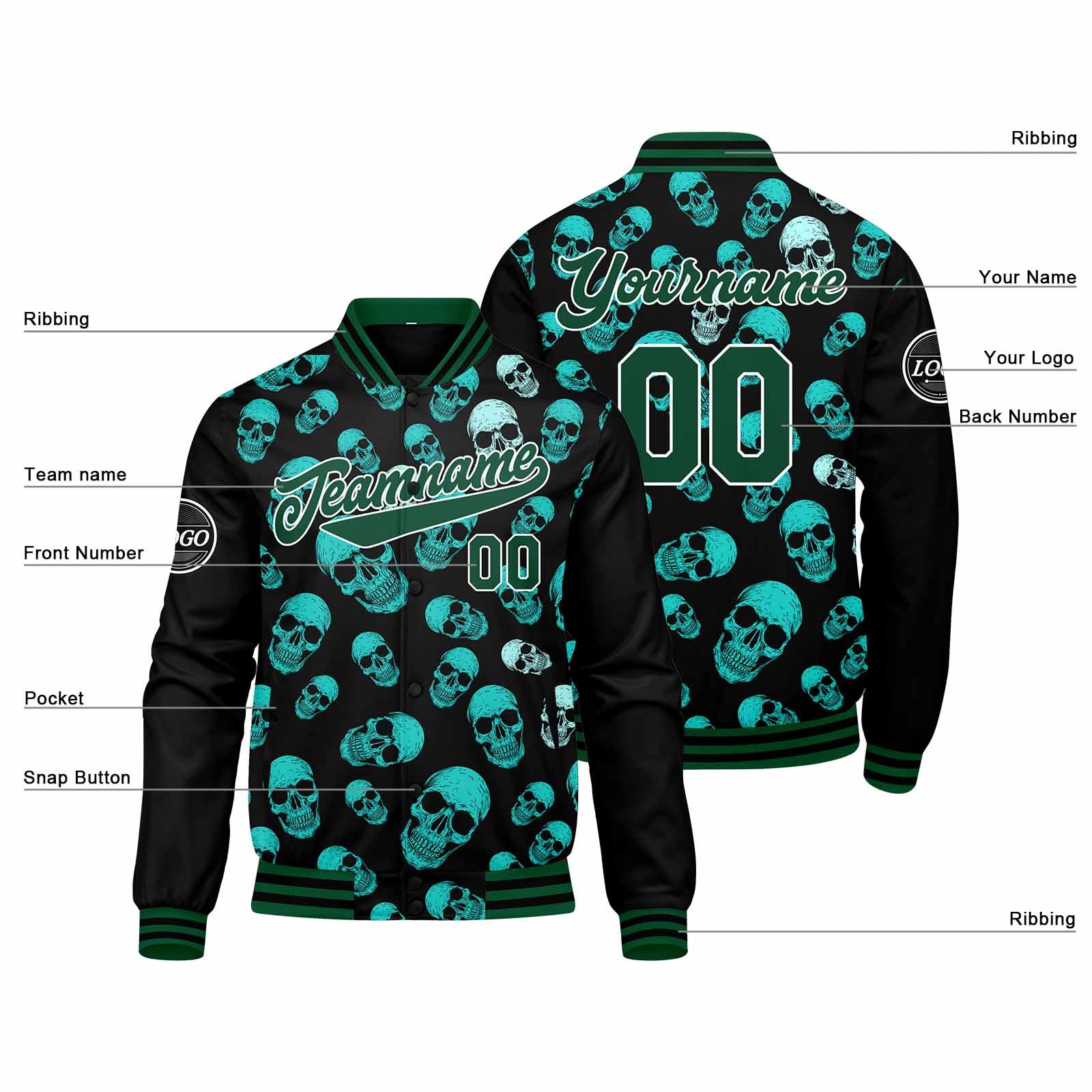 Chaqueta universitaria personalizada estilo Letterman para hombres-mujeres y jóvenes-color verde oscuro