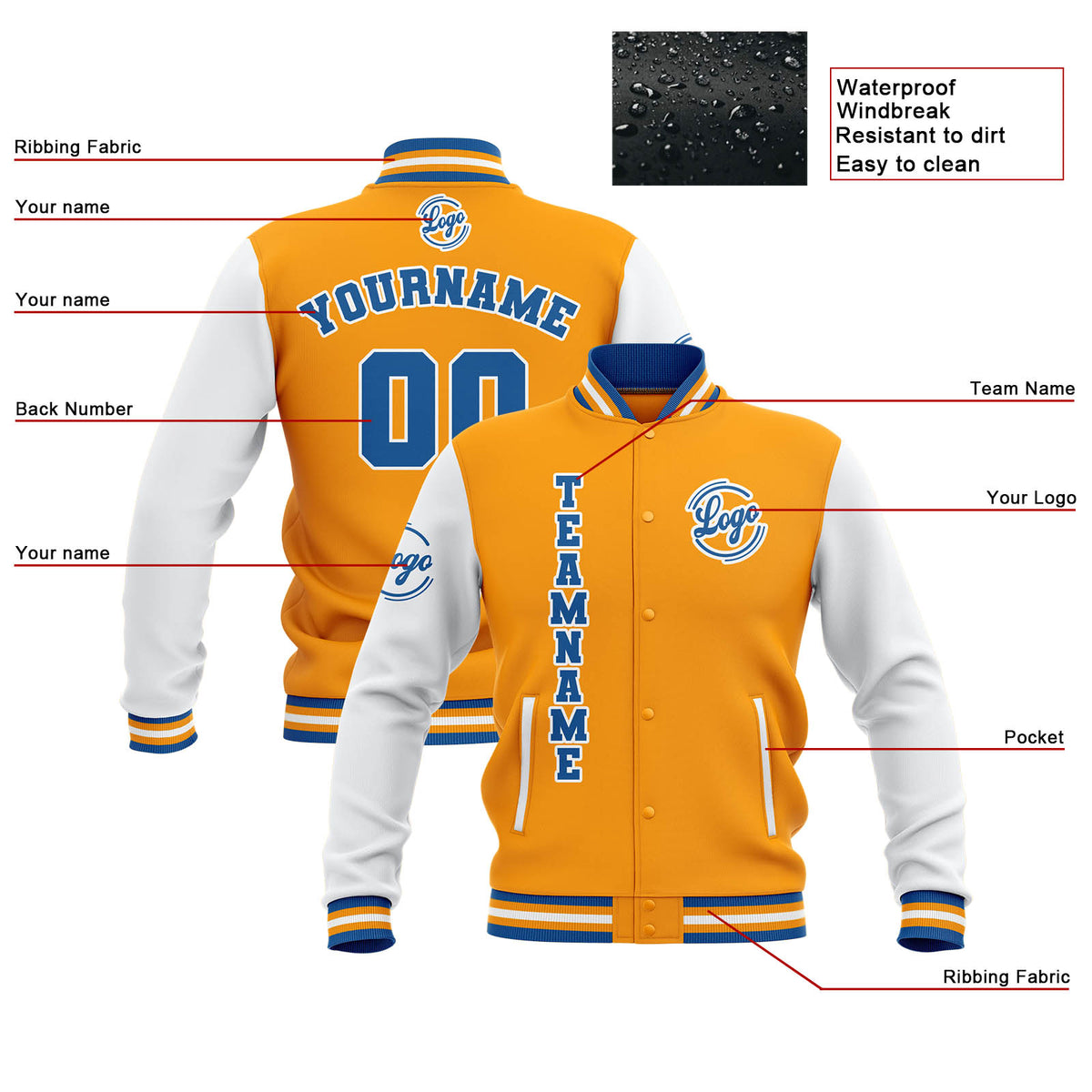 Chaquetas universitarias impermeables personalizadas en amarillo-blanco y azul con nombre-número y logotipo bordados