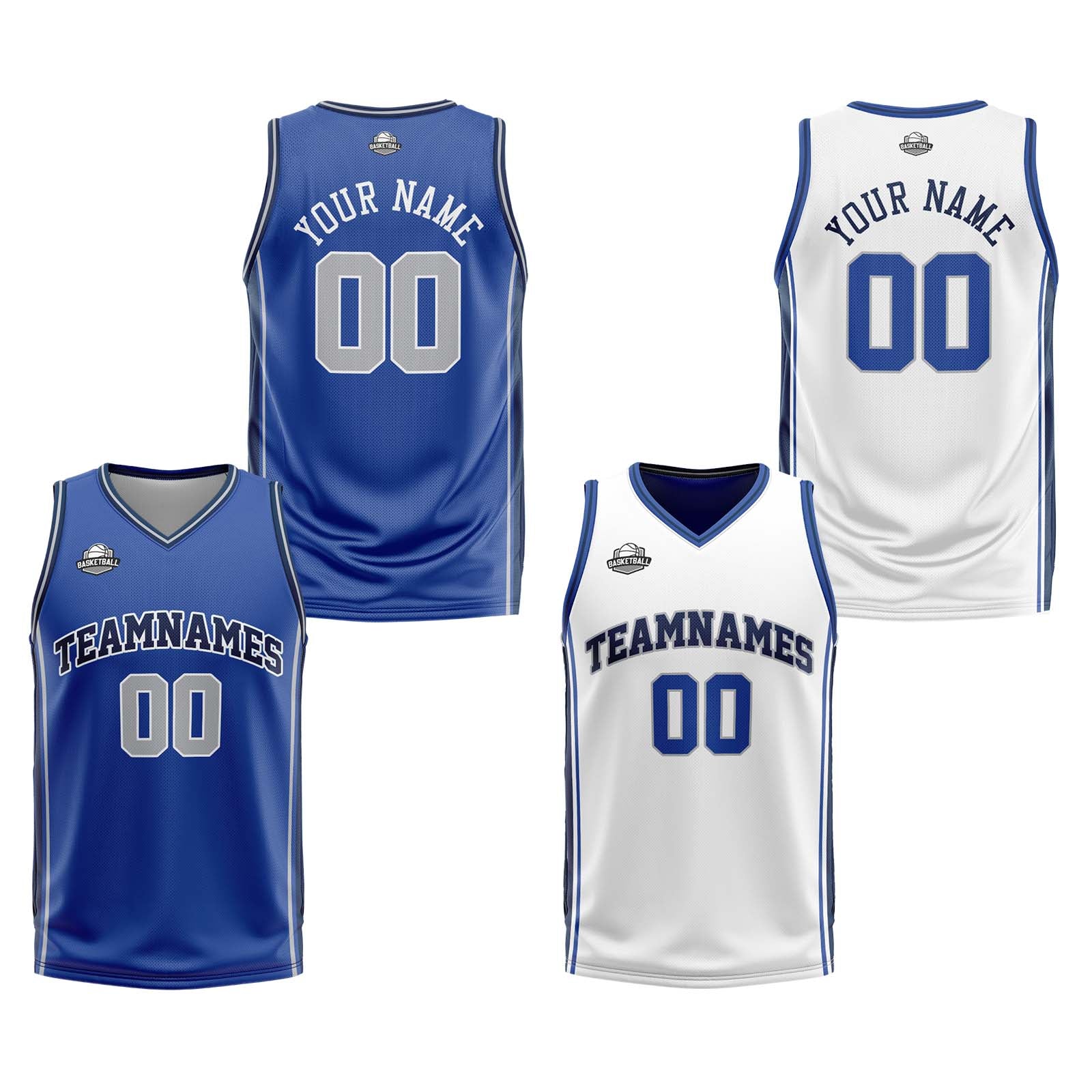 Traje de baloncesto reversible personalizado azul-blanco y gris para adultos y niños