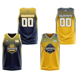 Traje de baloncesto reversible azul marino y amarillo personalizado para adultos y niños