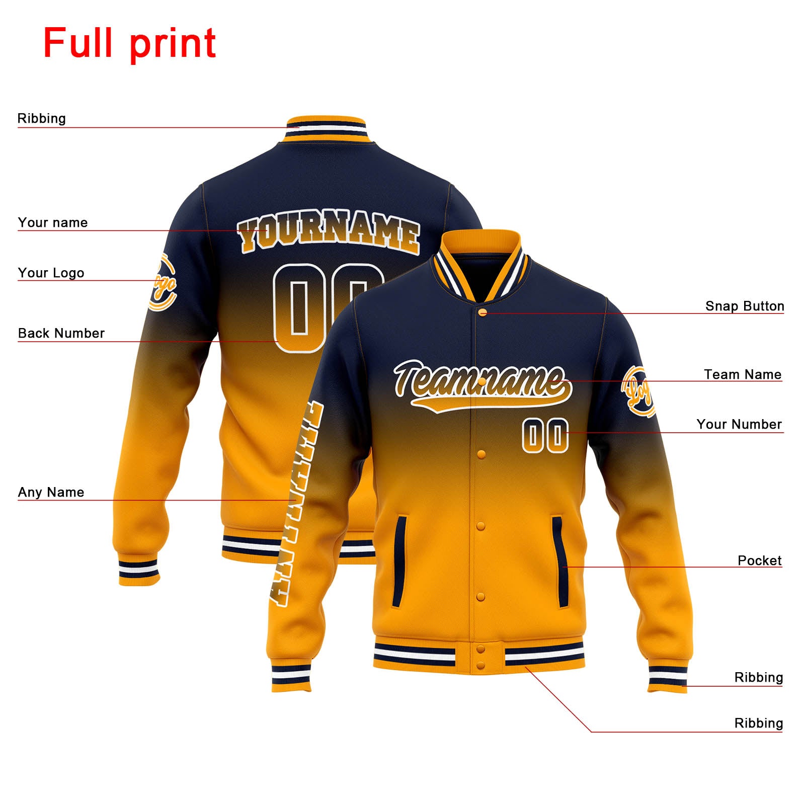 Chaqueta universitaria personalizada estilo Letterman para hombres-mujeres y jóvenes-color azul marino con degradado naranja