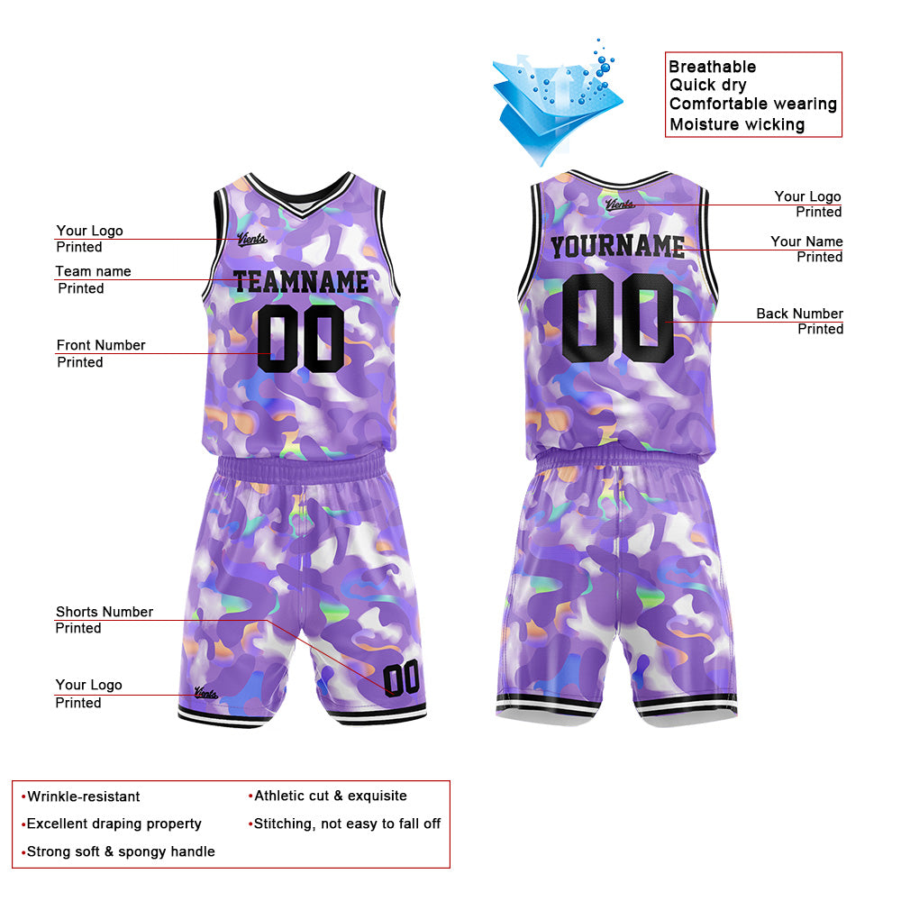 Uniforme de baloncesto personalizado color lavanda con tu logotipo-nombre y número impresos