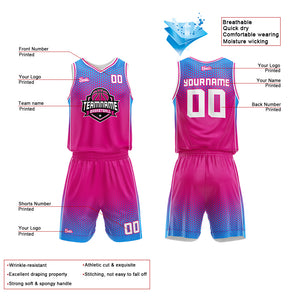 Uniforme de baloncesto personalizado rosa fucsia y azul con tu logotipo-nombre y número impresos