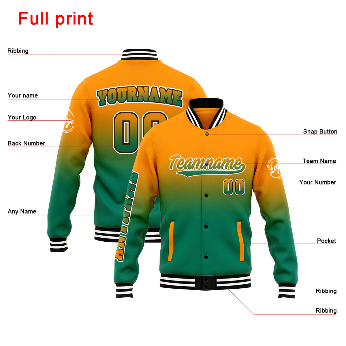 Chaqueta universitaria personalizada estilo Letterman para hombres-mujeres y jóvenes-color naranja y verde
