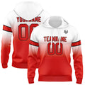 Sudadera con capucha degradada personalizada para hombre-mujer-niña o niño Estampa tu logotipo-nombre y número en blanco y rojo