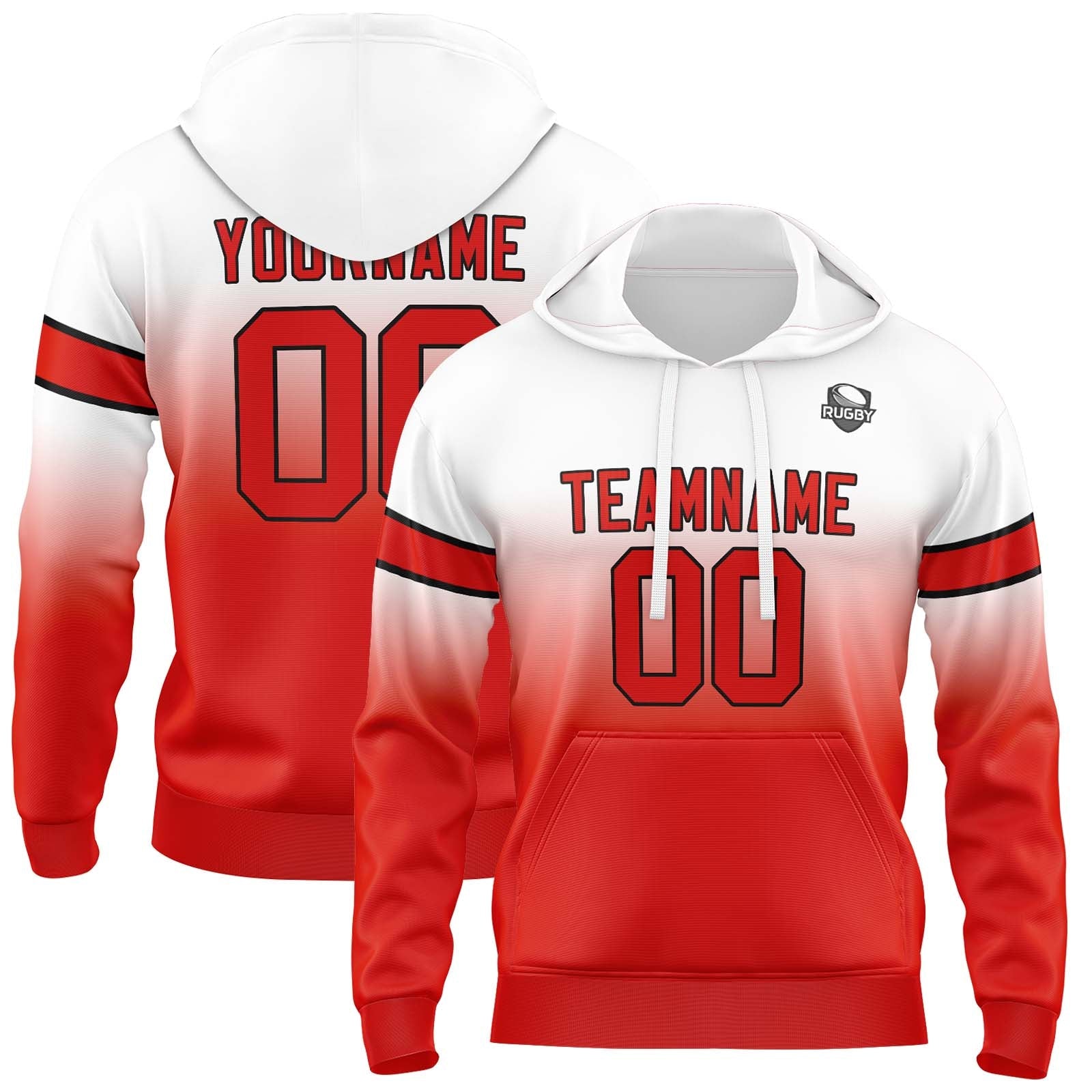 Sudadera con capucha degradada personalizada para hombre-mujer-niña o niño Estampa tu logotipo-nombre y número en blanco y rojo