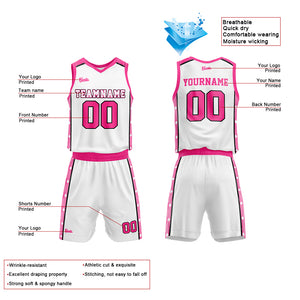 Uniforme de baloncesto personalizado blanco y rosa con tu logotipo-nombre y número impresos