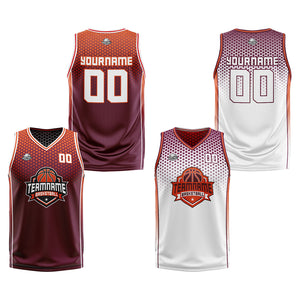 Traje de baloncesto reversible personalizado en color burdeos-naranja y blanco para adultos y niños