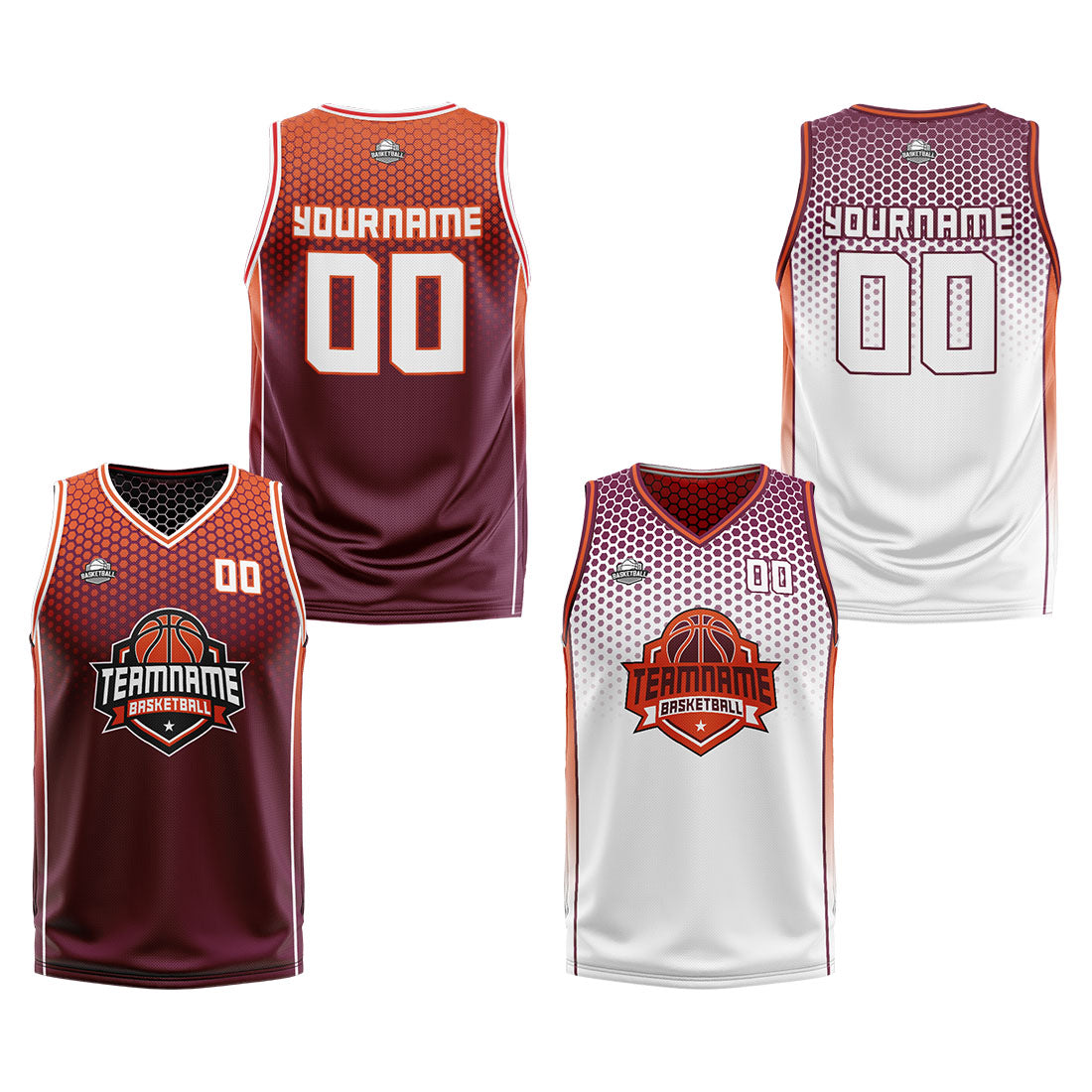 Traje de baloncesto reversible personalizado en color burdeos-naranja y blanco para adultos y niños